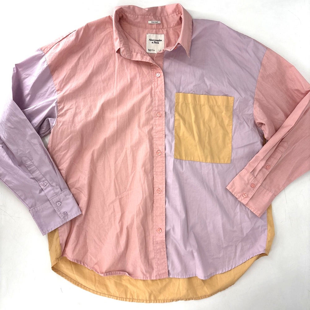 Abercrombie & Fitch Shirt Unisex Large Oversized Pastel‎ Button Up Colorblock